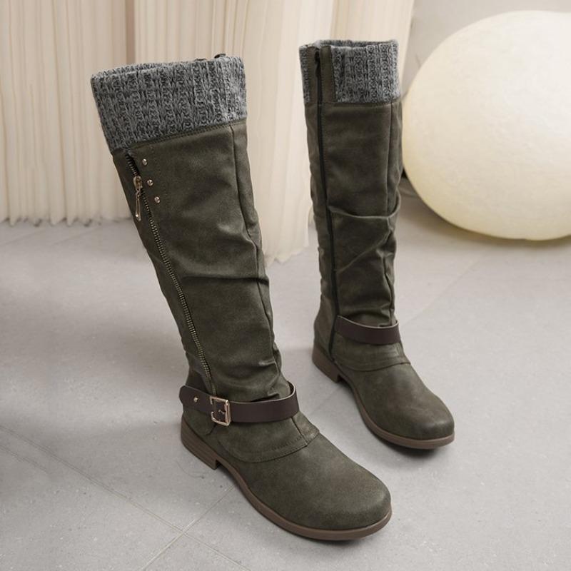 Large Size Tall Tube But Knee Metal Buckle Boots Autumn and Winter New Round Head Women's Boots