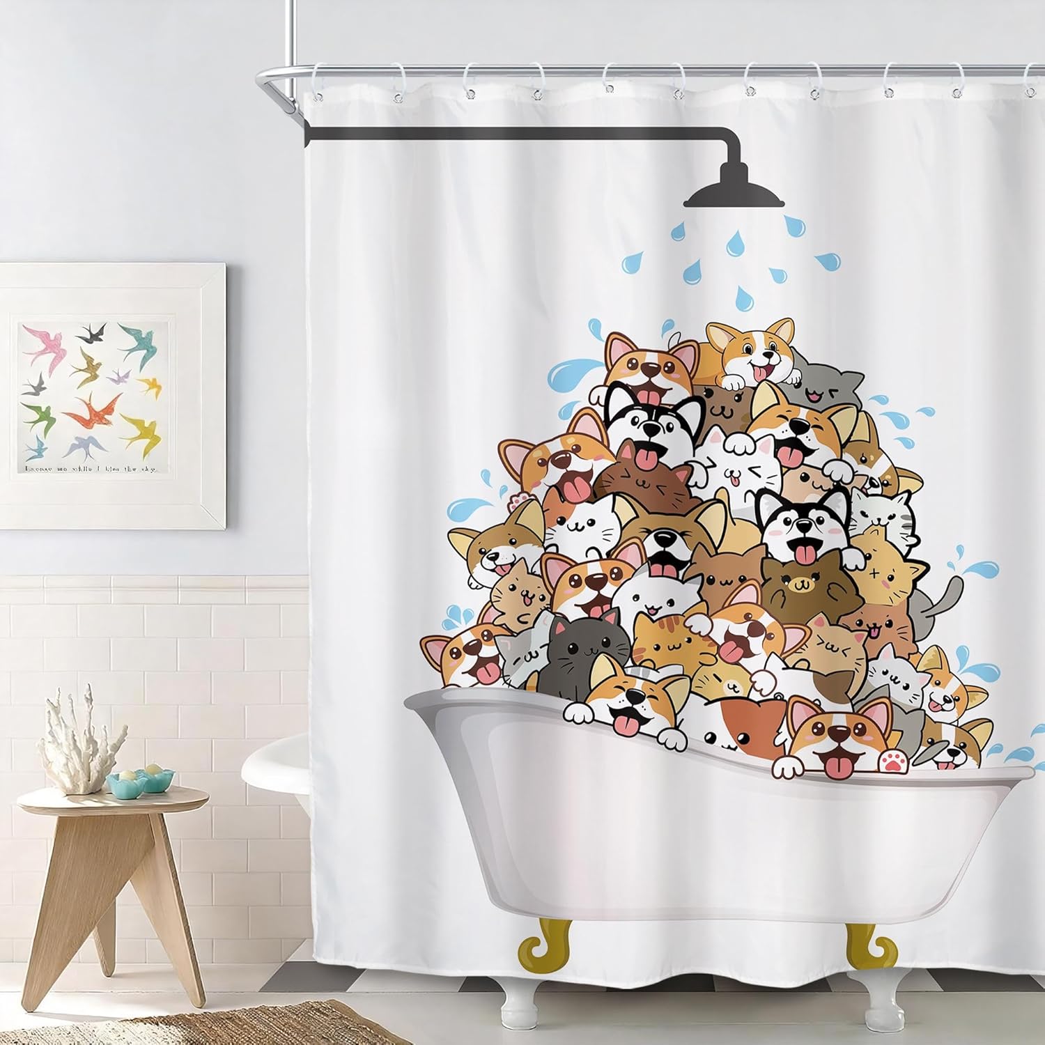 

Cute Cat And Dog Shower Curtain, Cartoon Corgi Pet Pattern Fabric Bath Decor With 12 Hooks For Kids Bathroom Bathtub, 1Pc W60H190(CM)-1 Pcs