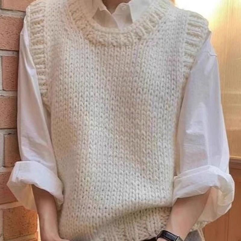 Women's Skin-Friendly Soft Korean College-Style White Sleeveless Gentle Crew-Neck Knitted Top Loose Sweater Vest Cardigan