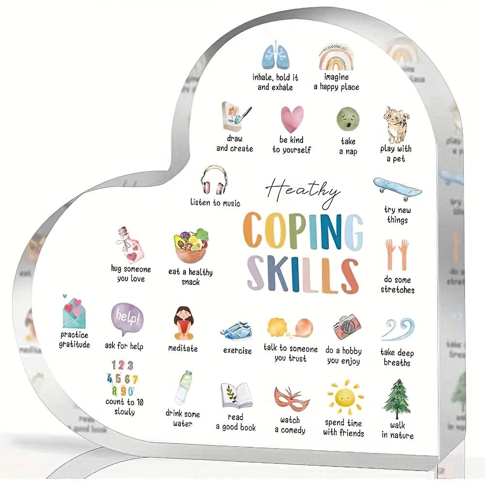 Acrylic Heart-Shaped Coping Skills Wall Art - Mental Health Gifts, Therapy Office Decor, Anxiety Relief Strategies Poster, Educational Supplies for So