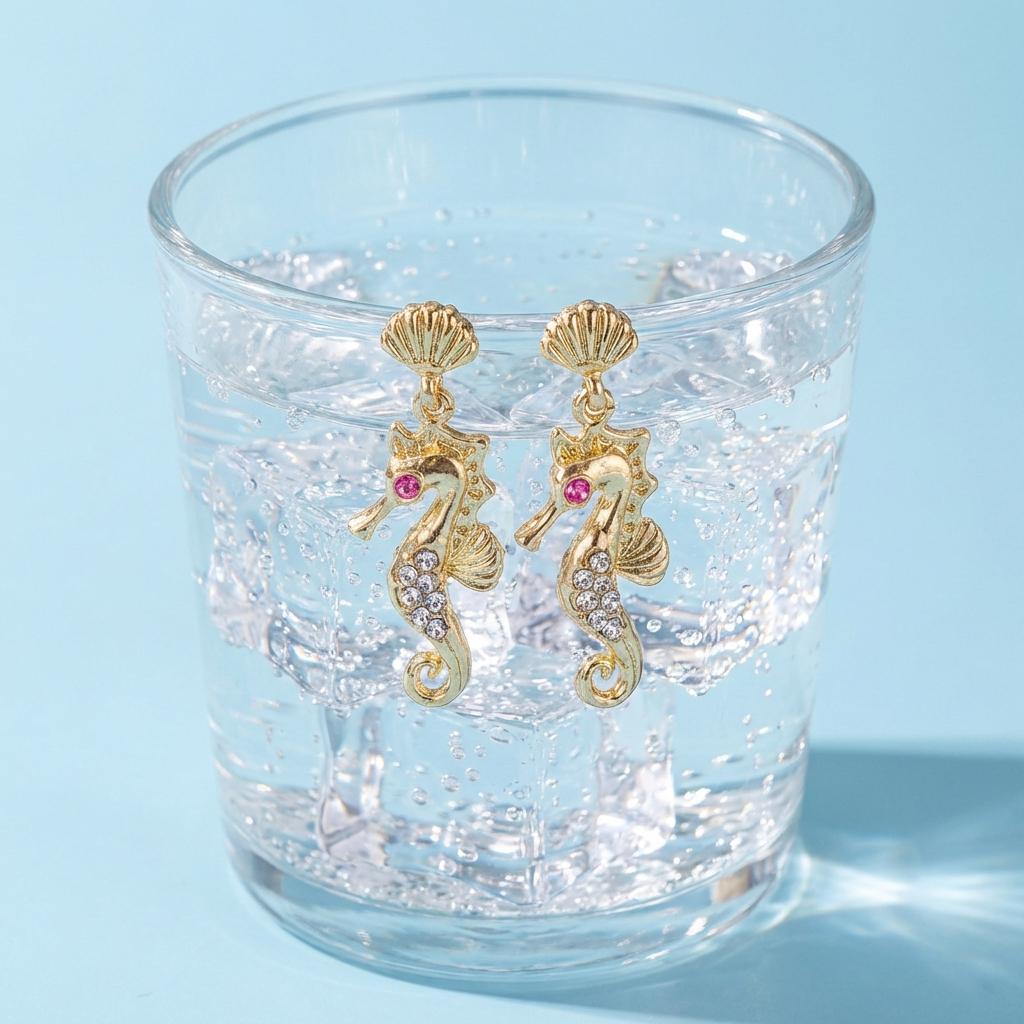 Elegant Pink Clear Rhinestones Seahorse Drop Earrings for Women Gold Color Shell Studs Nautical Ocean Theme Jewelry Summer Gift