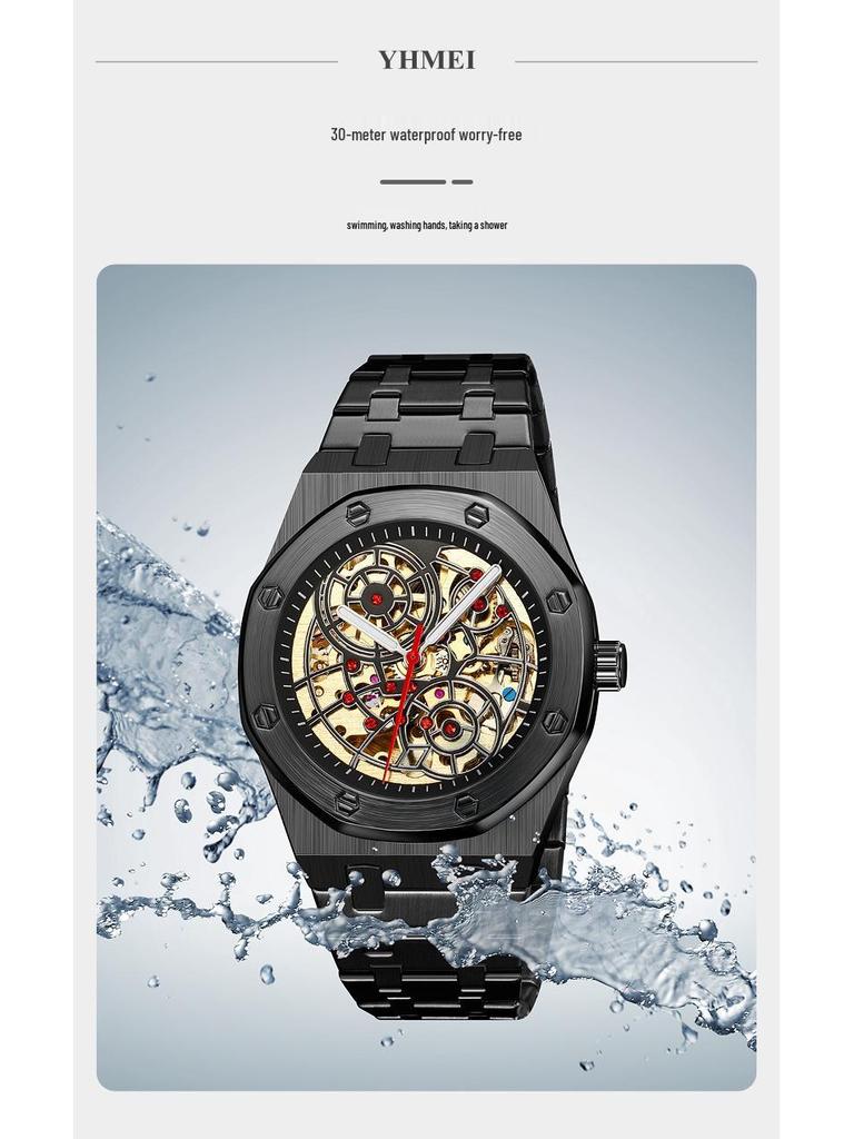 Men's Luxury Stainless Steel Skeleton Mechanical Watch with Large Dial, Fully Automatic Design