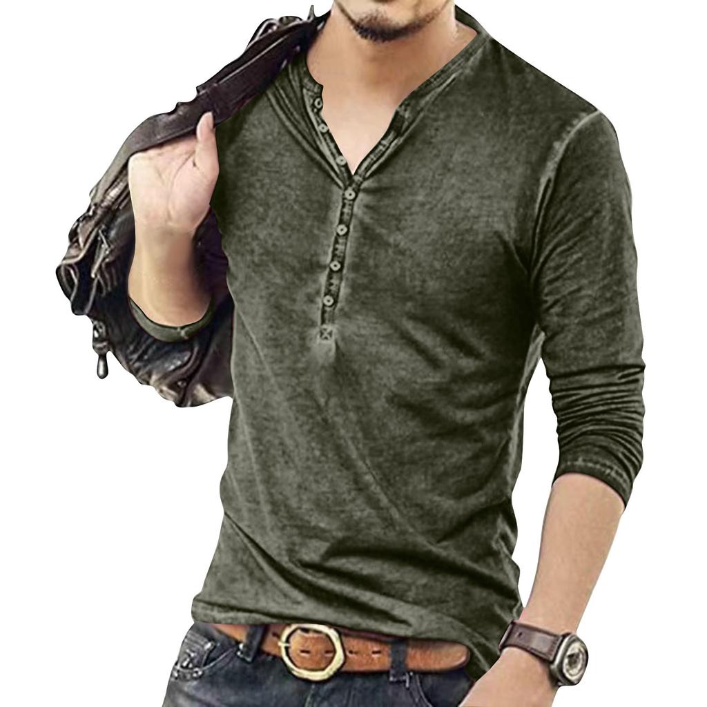 Men's Solid Color Long Sleeve Button Collar Long Sleeve T-Shirt Men's Casual Fashion Top