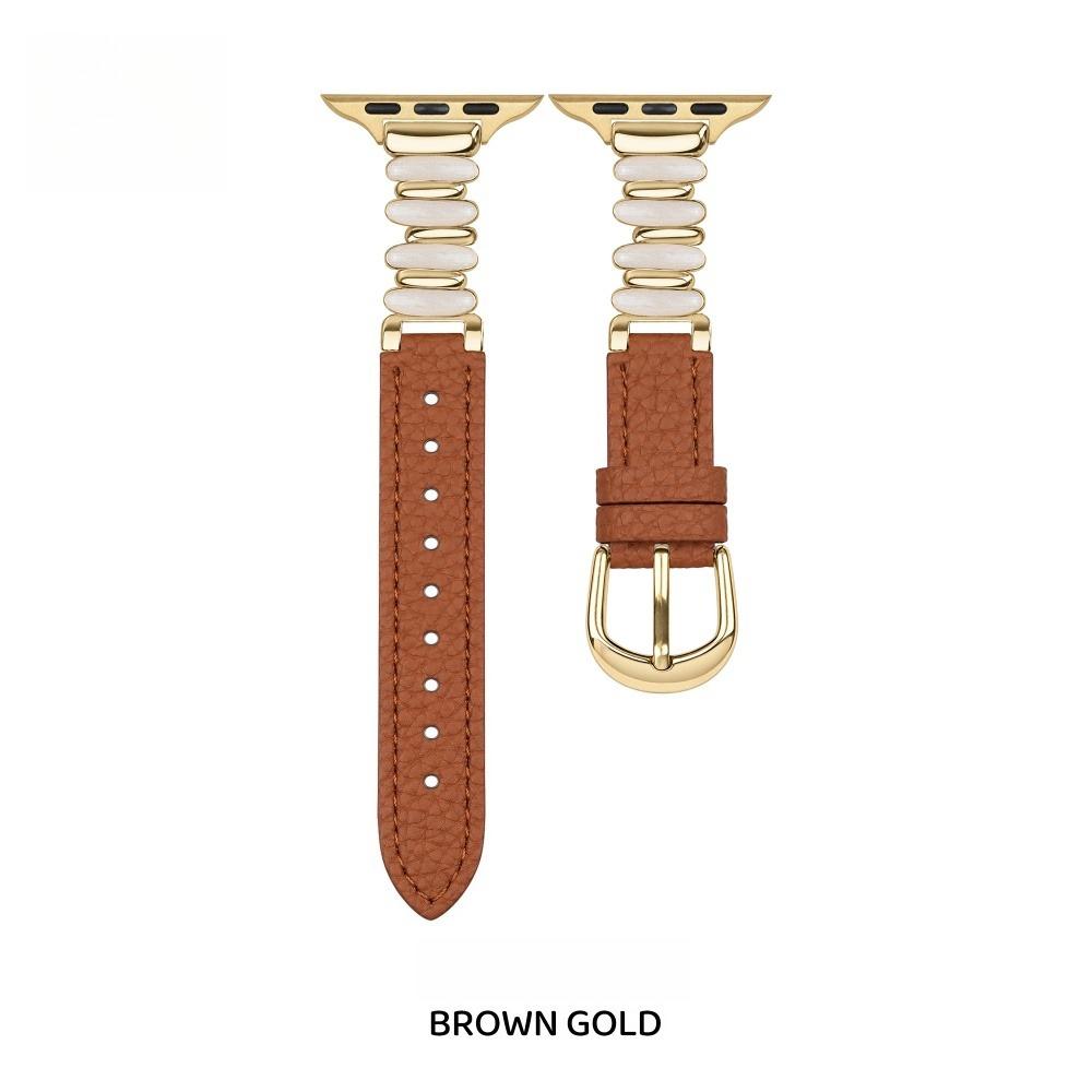 Women Luminous Moon White Beaded Lychee Grain Spliced Leather Slim Strap for Apple Watch Series12 11 10 SE1 2 3/Ultra4 3 2 38/42/44/45/49 mm