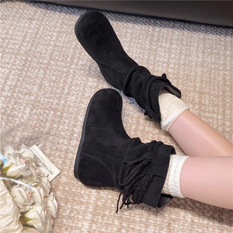 Medium boots slim women's Su 2025 pile autumn and winter flat-bottomed knight boots new wasteland wind retro short boots women's no