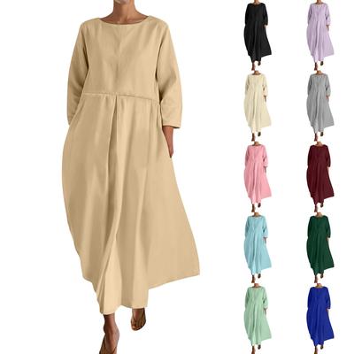 Women's Fashionable Solid Color Round Neck Three Quarter Sleeved Loose Hem Pocket Dress