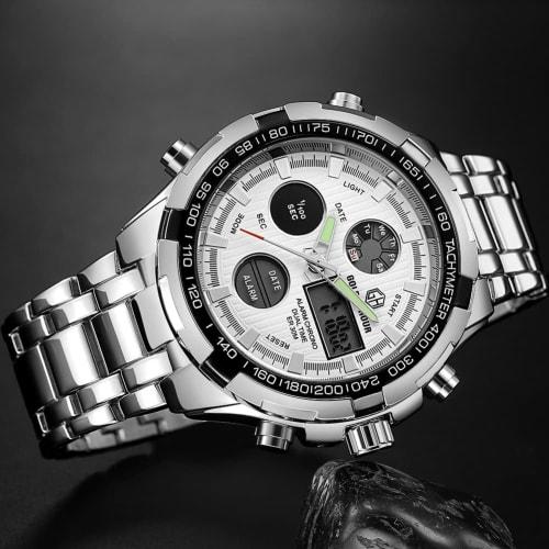 GOLDEN HOUR Luxury Stainless Steel Analog-Digital Watch for Men, Outdoor Sports, Waterproof, Big, Heavy, Silver-White, Digital, Quartz Movement.