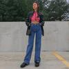 Woman Jeans Straight High Waist Pants Plaid Fashion Long Denim Trousers Streetwear