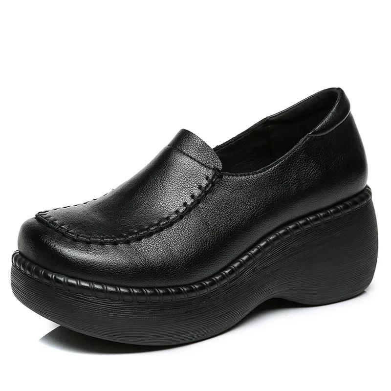 New Spring Women Loafers Genuine Cow Leather Slip-On Platform Casual Shoes Women Wedges Heel Retro Style Handmade Shoes