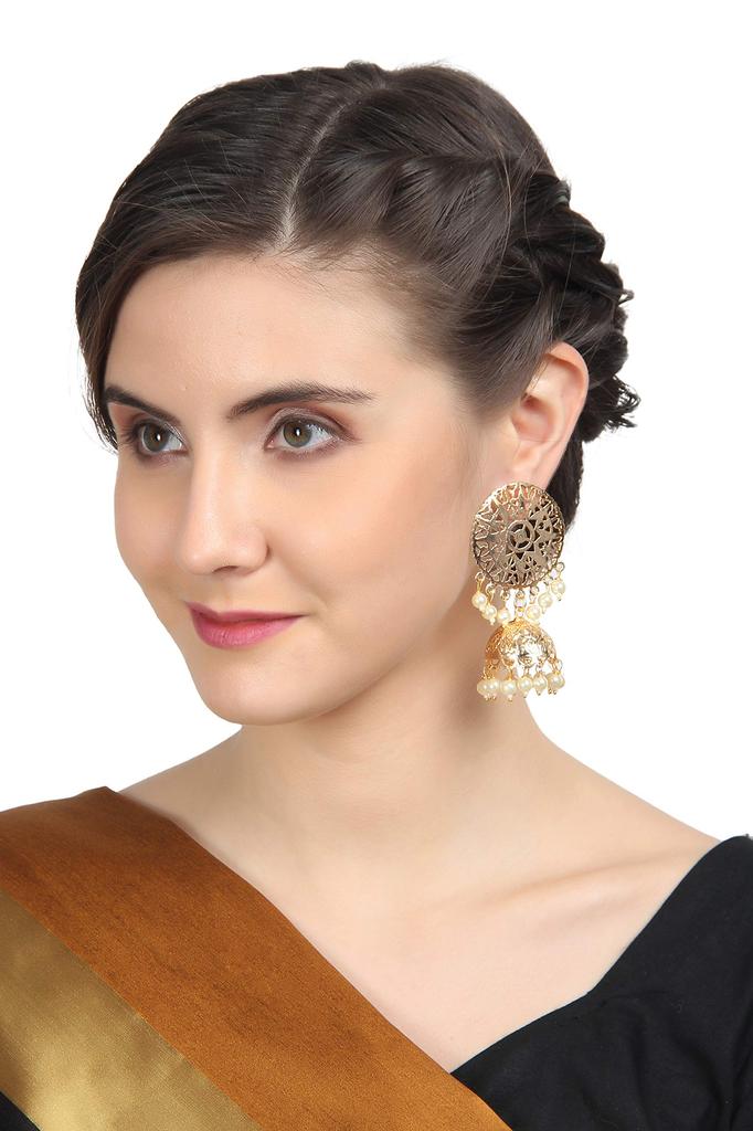 Touchstone Indian Bollywood Innovative Finely Embossed Architectural Style Bridal Chandelier Jewelry jhumki earrings hung with tassel pearl tassels