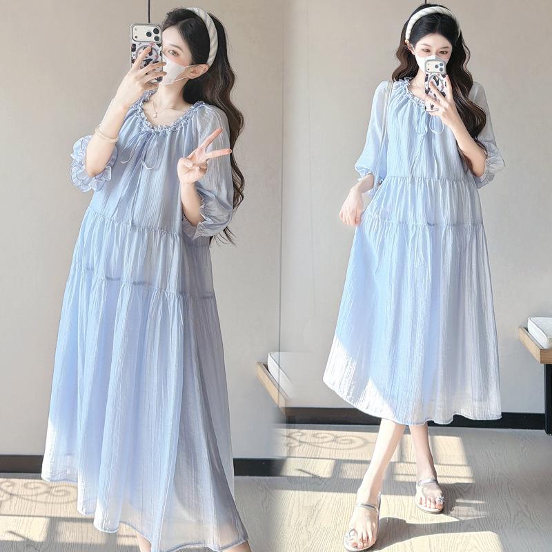 2026 Korean Style Plus Size Loose Mid-Sleeve Maternity Midi Dress