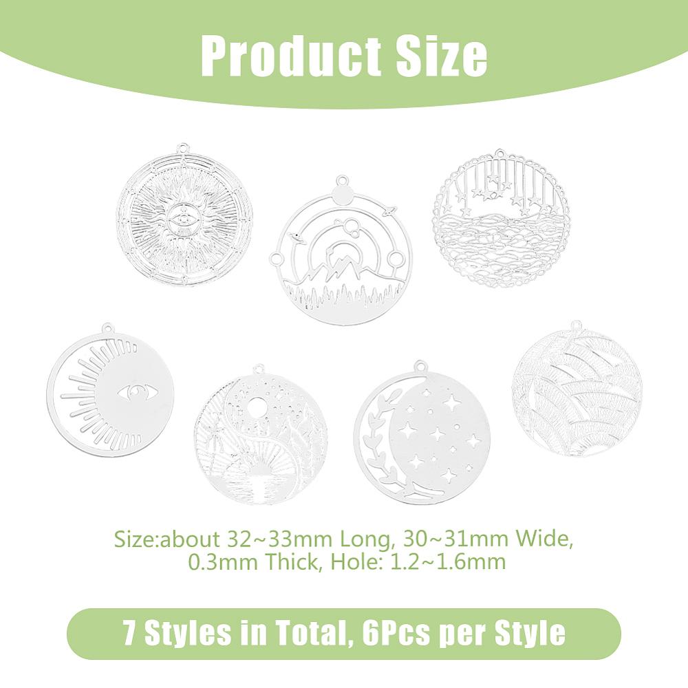 42Pcs 7 Style 201 Stainless Steel Filigree Pendants Etched Metal Embellishments Flat Round Stainless Steel Color 31.5~32.5x30~31x0.2~0.3mm