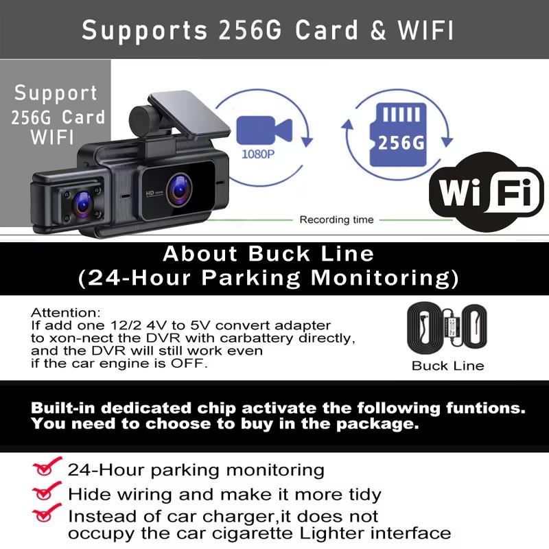 Wifi 2/3 Kamera Samochodowa DVR Dash Cam FHD 1080P 3 Kanały Obiektyw Kamera Samochodowa Wnętrze Dashcam Rejestrator Wideo Black Box Super Night Vision
