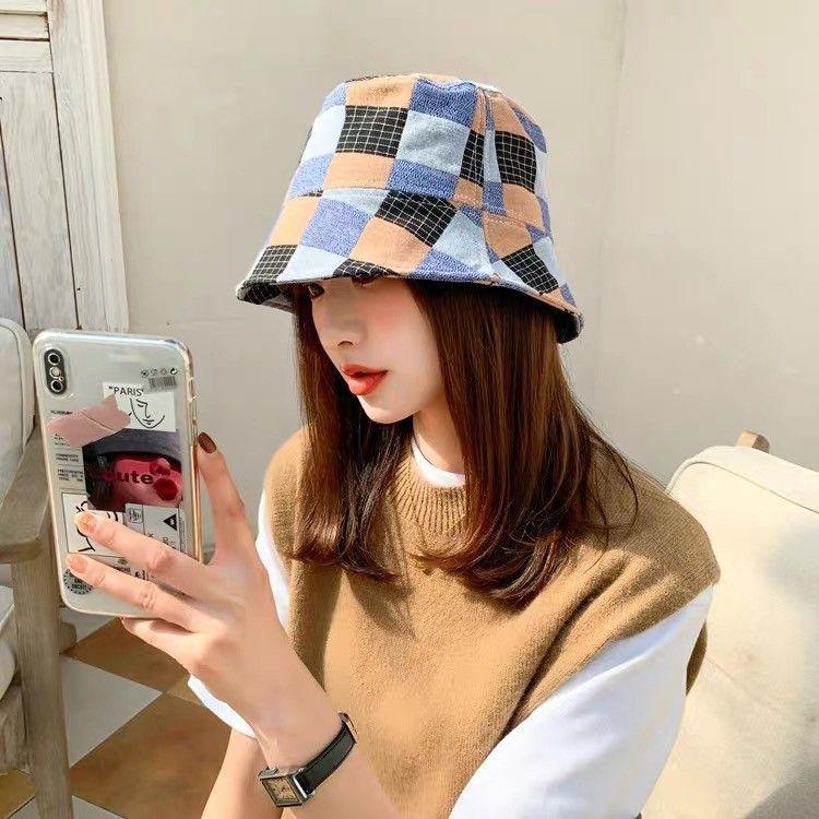 Niche Plaid Color Matching Bucket Hat Women's Four-season Pure Cotton Breathable Versatile Sunscreen Sunshade Sunscreen Basin Hat