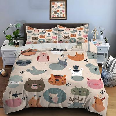 Cute Cartoon Animal Faces Illustration Bedding Set for Kids Luxury Gift 3pcs Digital Print Comforter Set Soft Comfortable