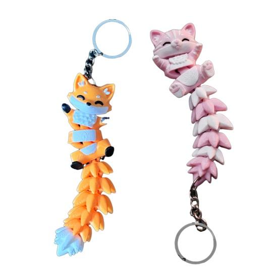 Keychain Cartoon Cat Fox Design with Metal Ring Keychain Pendant 3D Printed Movable Joints Flexible Body