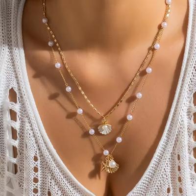 2pcs/set  Shell Starfish Imitation Pearls Pendant Necklace for Women Summer Beach Jewelry Accessories