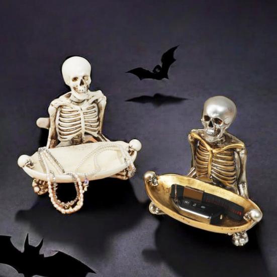 Skull Storage Tray Halloween Scary Skeleton Candy Bowl Resin Skull Fruit Snack Serving Tray Vintage Jewelry Dish for Home Tabletop Party Bar Decor