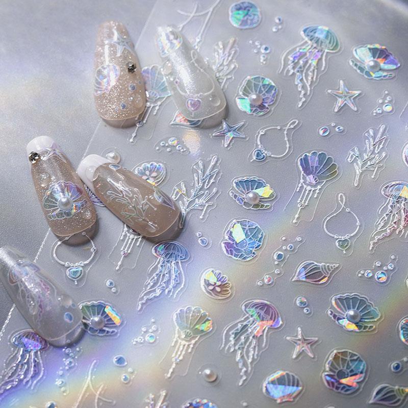Pearl Shell Starfish Conch Coral Bubble Ocean Blue Polarized Self Adhesive Nail Art Stickers Goldfish Koi Manicure Decals
