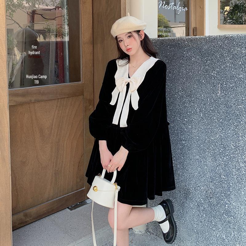 Velvet Maternity Dress: Plus Size, Loose Fit, Korean Style with Lantern Sleeves and Removable Collar for Autumn/Winter M чёрный