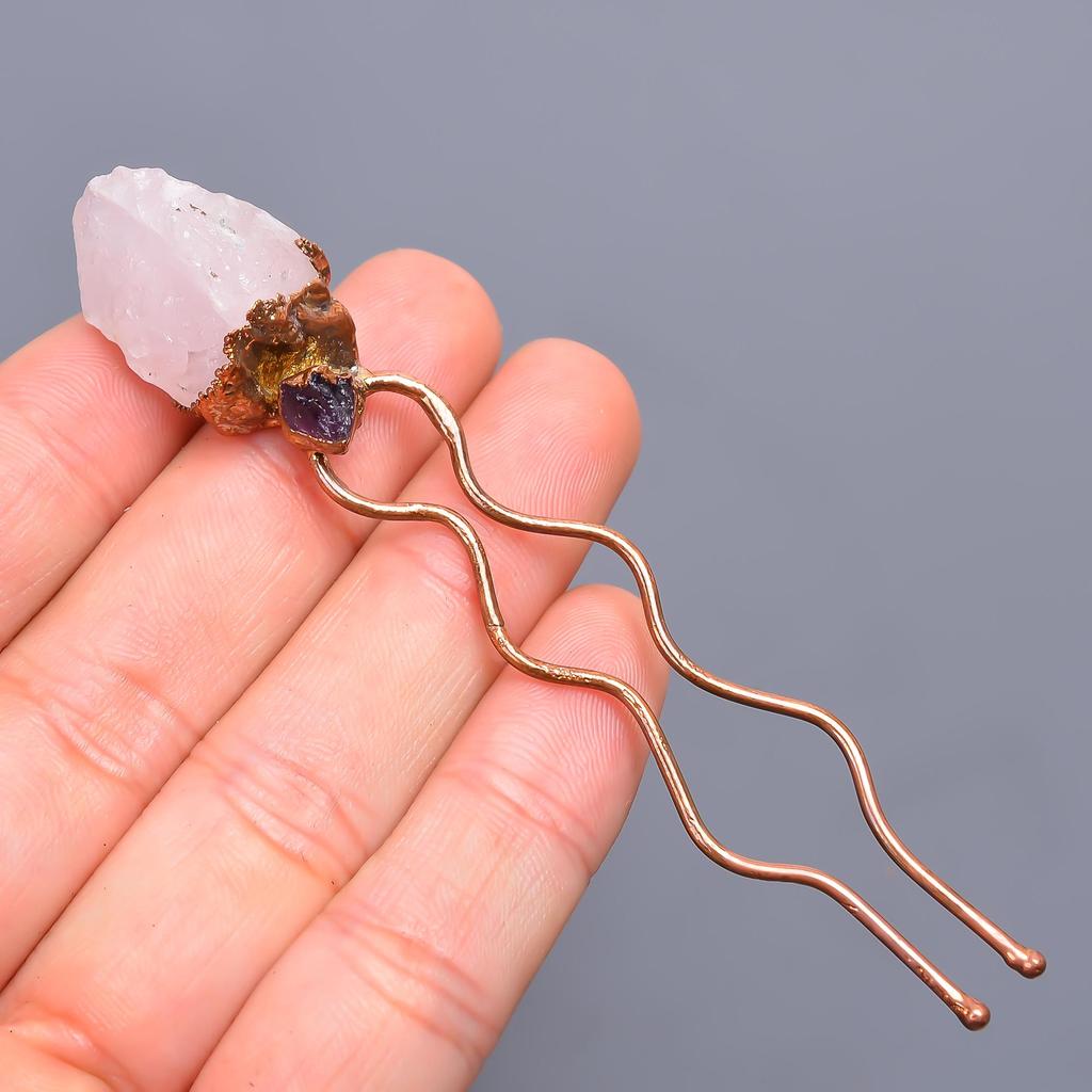 Quartz Rose Naturel Brut Bijoux Faits Main Bâton de Chignon 3,7 Pouces / Épingle à Cheveux en Cuivre Plaqué Or Rempli d'Or Vente de Noël Pour Mère Épouse