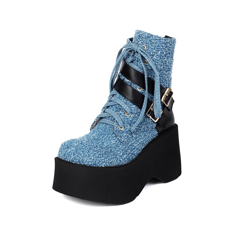 

Meotina Женские ботильоны с круглым носком, на плоской платформе, на высоком каблуке, со шнуровкой, застежкой-молнией и пряжкой, короткие ботинки, женская модная обувь, осень-зима 43 34 синий