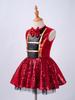 Girls Red Dress Round Neck Sleeveless Shiny Sequins Adorned Leotard Jumpsuit Performance Costume
