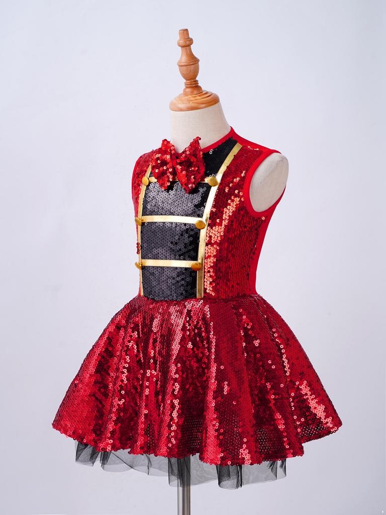 Girls Red Dress Round Neck Sleeveless Shiny Sequins Adorned Leotard Jumpsuit Performance Costume