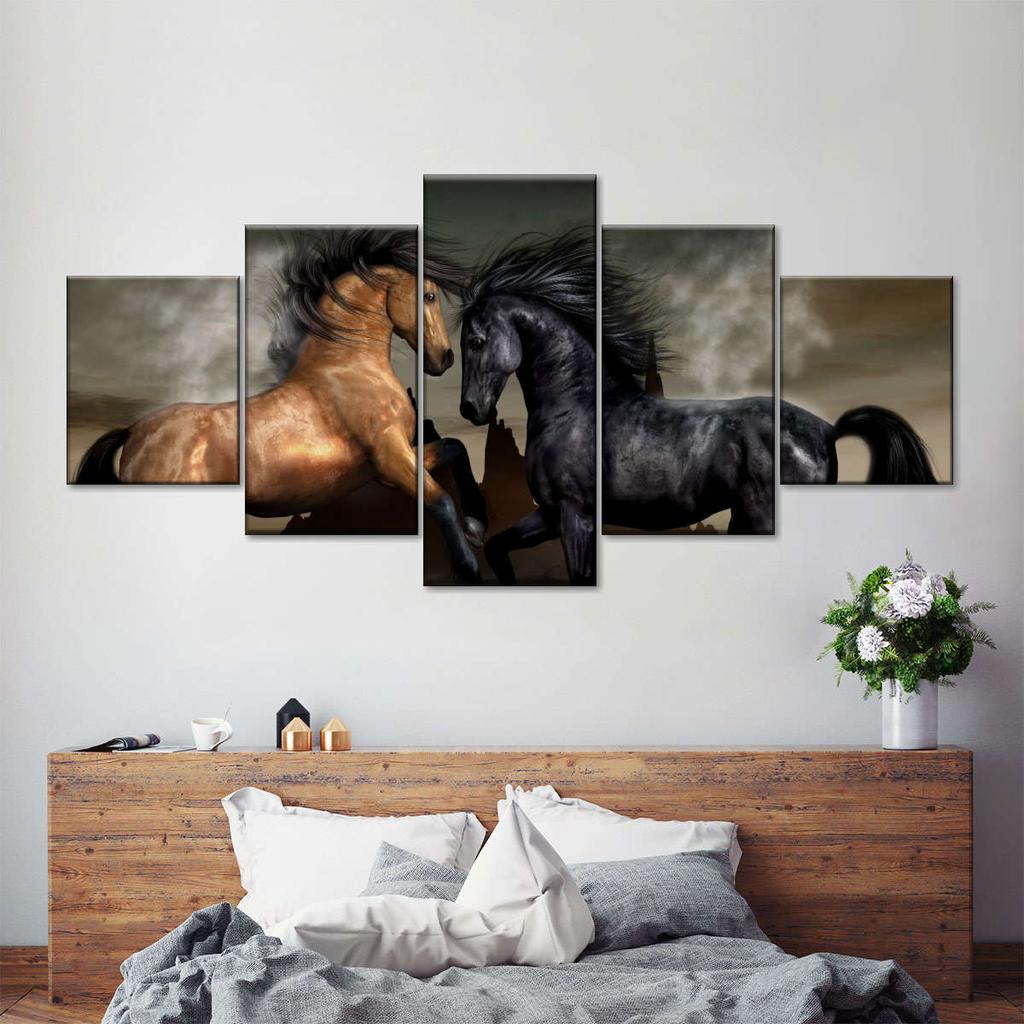 5 Panel Clashing Wild Horses Wall Art Running Horses Canvas Painting Horses On Beach Posters for Living Room Wall Decor No Frame