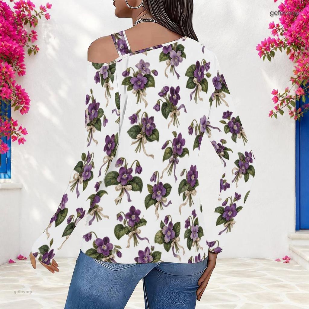 Women Plus Size White Asymmetric Cutout Neck Cold Shoulder Long Sleeve Floral Printed Fitted Top
