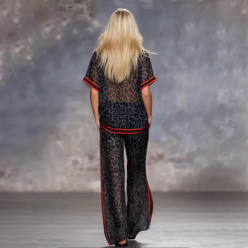 DM078 2026 Cross-border Spice Girl Vacation Leopard Print Collided Red Edge Chiffon Set V-Neck Short Sleeve Top Wide Leg Trousers