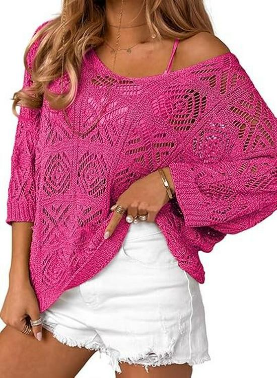 2025 Spring-Summer Crochet Hollow Seven-Sleeve Knit Pullover