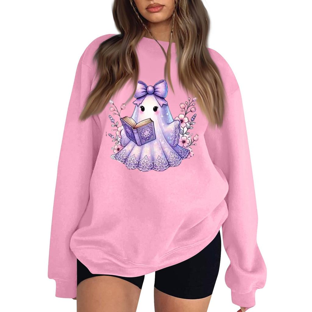 Women's Comfortable Sweatshirt Casual Loose Fit Round Neck Long Sleeve Pullover, Color with Halloween Small Print