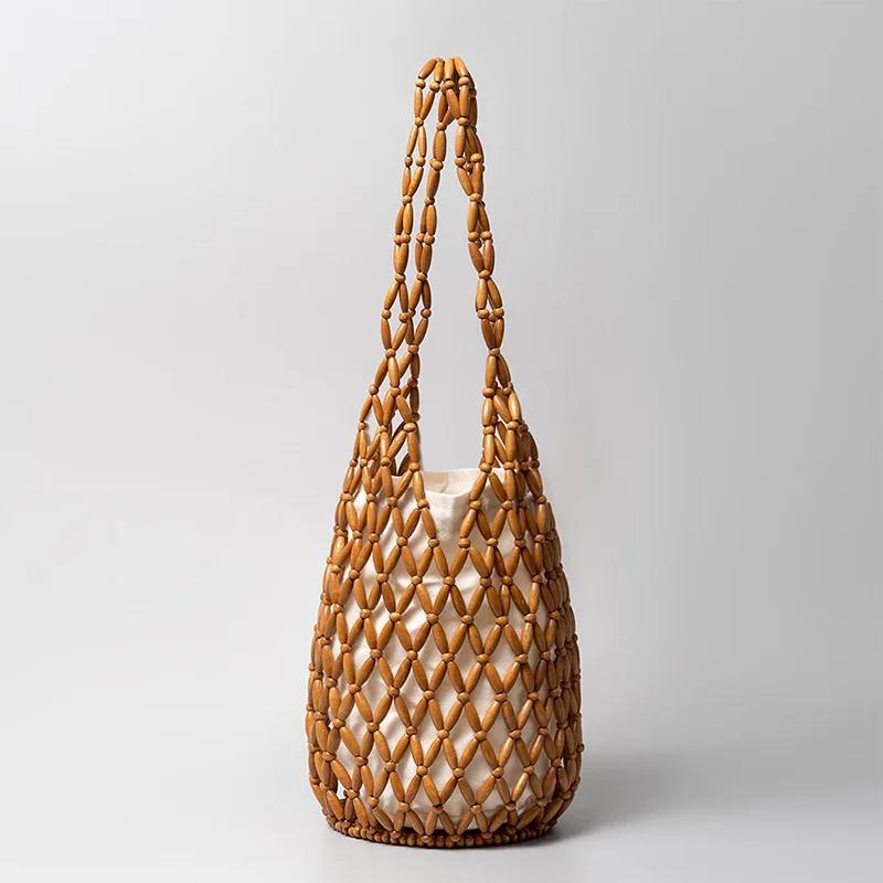 

Hollow Wooden Bead Shoulder Bag with Inner Pouch,Handmade Woven Beaded Handbag,Summer Beach Travel Vacation Women Bucket Bag