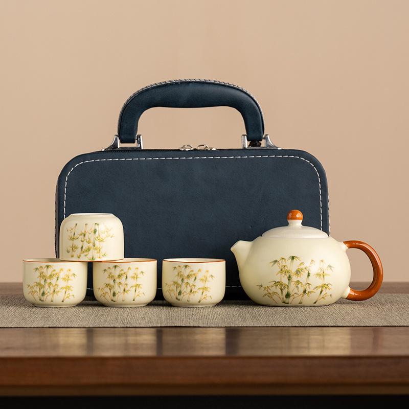Chinese-style Virtualized Ceramics Ru Kiln Rich Bamboo Travel Tea Set Corporate Kung Fu Teapot Gift Can Be Ordered Tea Set