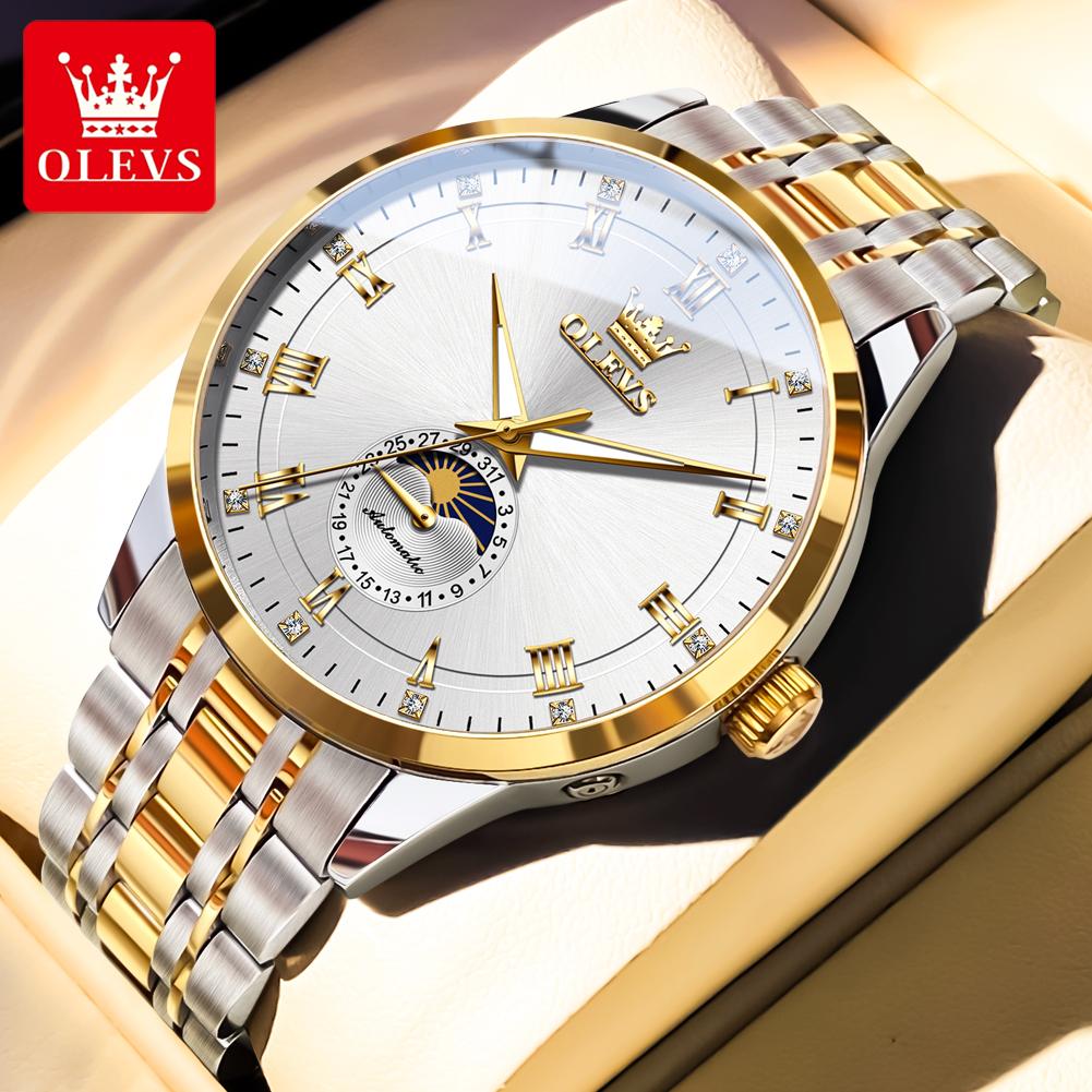OLEVS 7063 Moon Phase Automatic Mechanical Men's Watches Stainless Steel 30M Waterproof Luminous Watch Original Luxury Man Watch