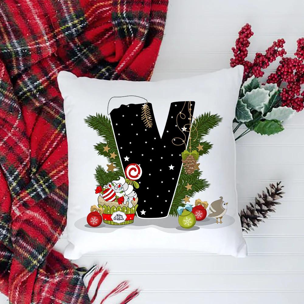 Christmas Cushion Cover Alphabet A-Z Pillow Covers Cute Cartoon Santa Claus Cushion Cover Pillowcases Home Xmas Decoration