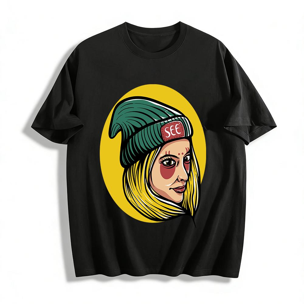 

Street Trendy Cool Girl Print Top Vintage Casual Loose Crewneck T-shirt Pure cotton T-shirt 6XL