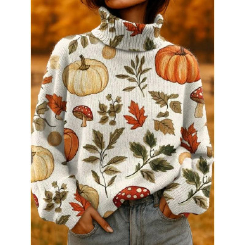 Womens Christmas Print High Neck Sweater Loose Fit Casual Long Sleeve Top