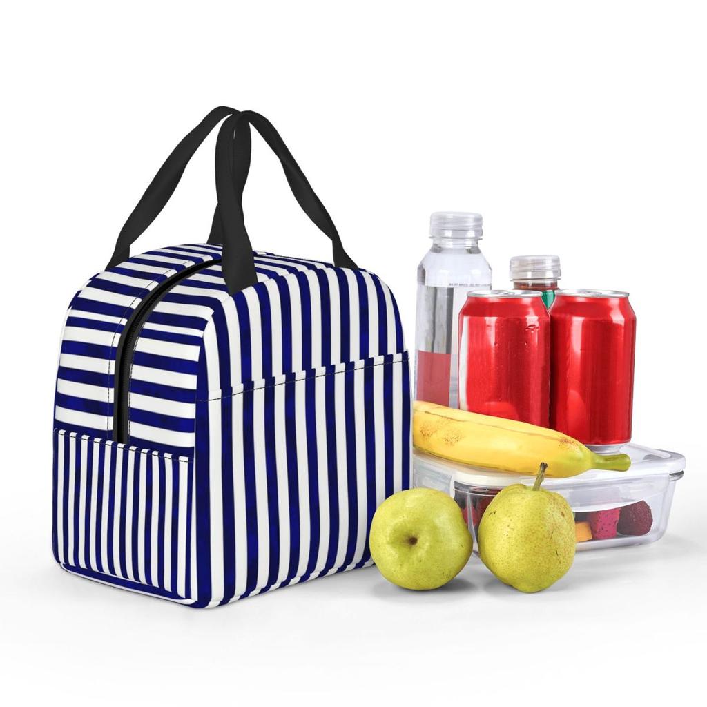 Classic Stripes Navy Blue And White Insulated Lunch Bag for Kids School Cooler Thermal Food Box Tote Lunch Boxes Container