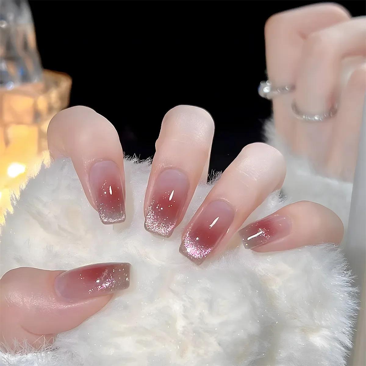 

24pcs Pink Cat Eye Fake Nails Glitter Fashion False Nail Patch For Lady Women Wearable Manicure DIY Art Almond Press on Nails