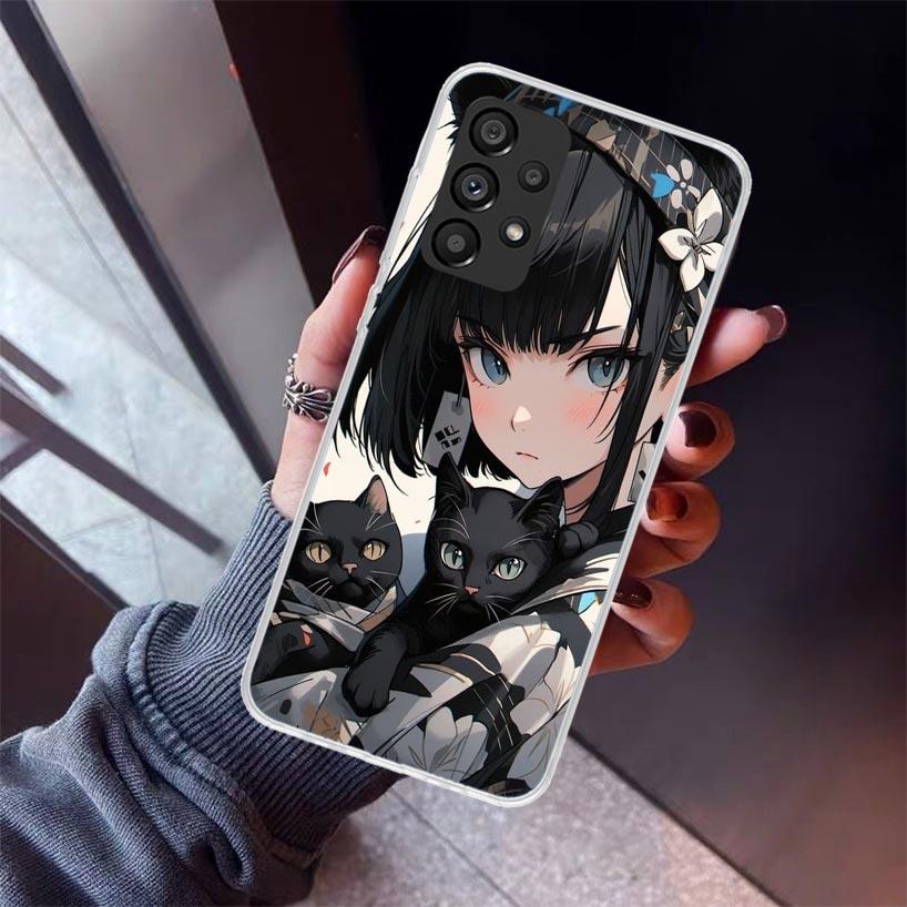 Anime Girls Cute Black Cat Phone Case For Samsung Galaxy A17 A57 A37 A16 A26 A36 A56 A15 A25 A35 A55 A14 A13 A54 A53 A34 A24 A33