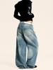 Yongfang Unisex Retro Blue Jeans: Casual Washed, Whiskered, Trendy Straight-Leg, Loose-Fit Pants