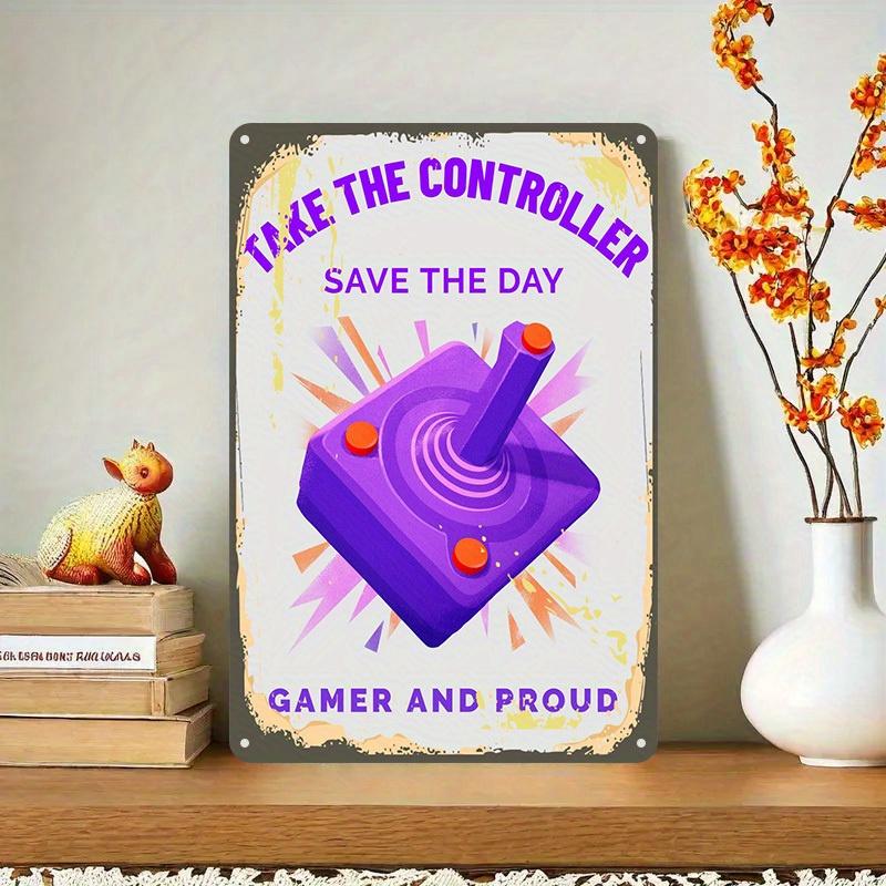 

Funny Gaming Controller Tin Sign Take The Save Day Purple Yellow Arcade Decor HeavyDuty Metal Poster 20x30cm