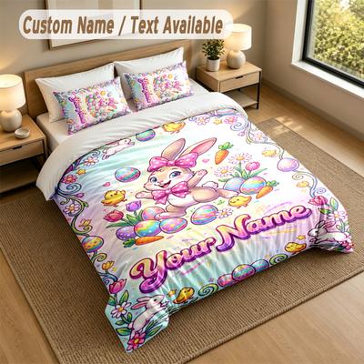 Easter Bunny Theme Personalized 3Pcs Bedding Set Custom Text & Name 1 Sheet 2 Pillowcases Household Bedding 1pc