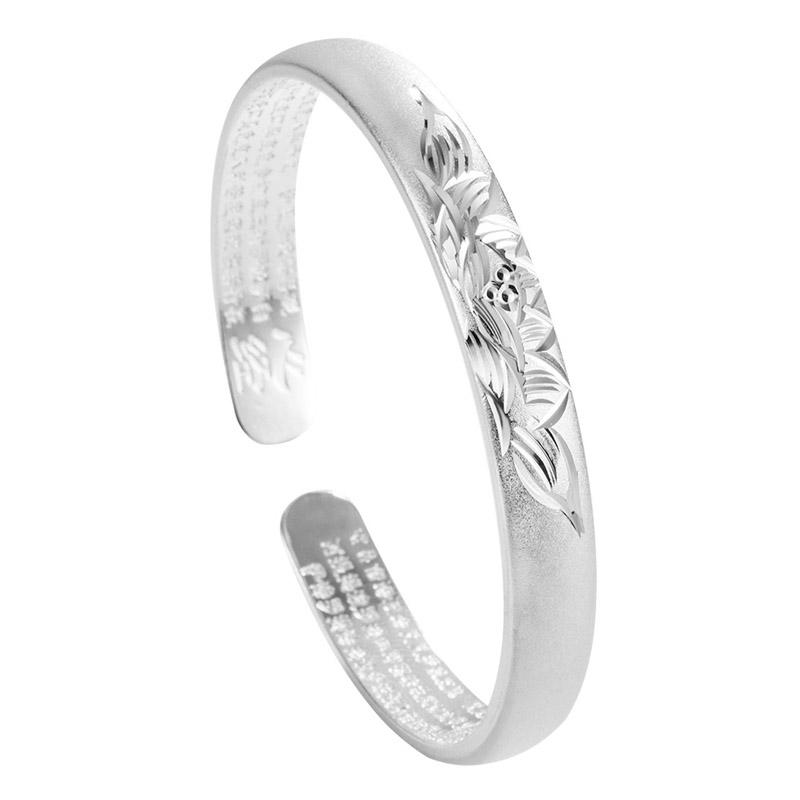 Silver Plated Vintage Peacock Lotus Bangle Sanskrit Buddhist Heart Sutra Women's Jewelry Gift for Ladies Fashionable Accessory