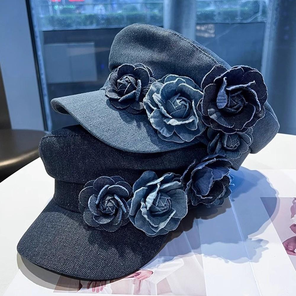 Adjustable Flower Flat Top Hat Artistic Painter Caps Trendy Denim Camellia Beret Hat  Travel