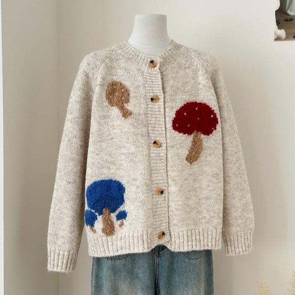 Autumn/Winter Cute Cartoon Mushroom Knit Cardigan – Age-Reducing, Soft & Cozy, Loose Long Sleeve Women's Sweater Coat.