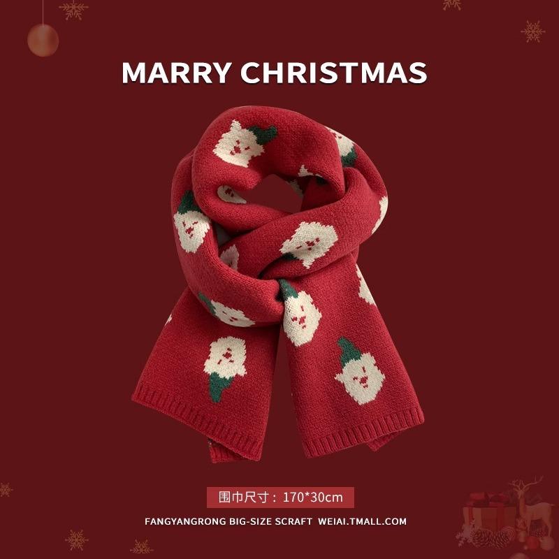 Red Christmas Tree Knitted Scarf Female Autumn and Winter Warm Green Wool Student Couple Christmas Gift Scarf Versatile