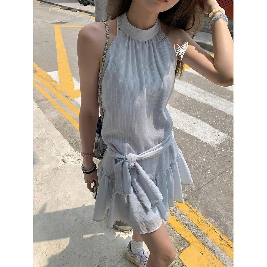 

Французский стиль Платье-халтер без рукавов Синее Женское Летнее с бантом А-силуэта Короткая юбка XL светло-синий